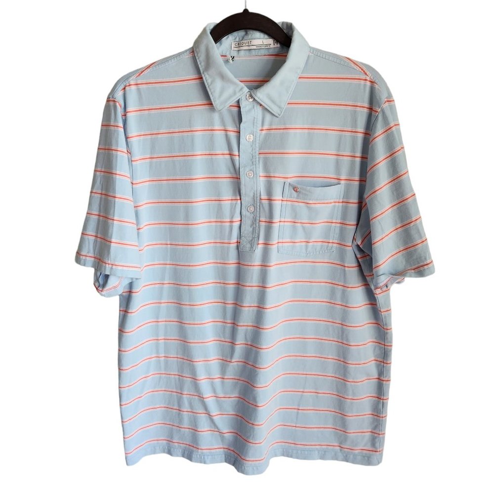 Criquet Men's Polo Size Large Light Blue Striped Soft Pima Cotton Blend